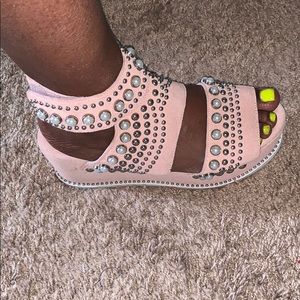 Pink suede pearl and silver trimmed sandals as is